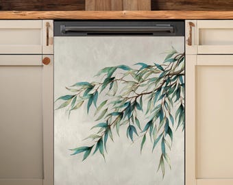 Magnes na zmywarkę z motywem botanicznej gałązki liścia: wystrój kuchni inspirowany naturą