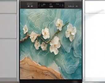 Cherry Blossom Dishwasher Magnet Cover: Floral Aqua Kitchen Decor