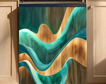 Coastal Drift Magnetic Dishwasher Cover, Teal Resin Woodgrain Waves