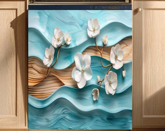 Aqua Blossom Waves Dishwasher Magnet Cover: Floral Kitchen Decor