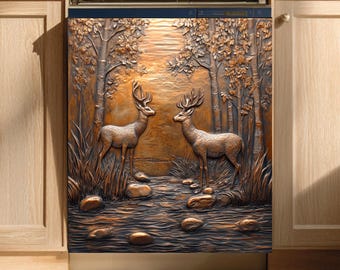 Magnetyczna osłona na zmywarkę, magnetyczna osłona na zmywarkę z motywem jelenia w rustykalnym brązie, magnetyczna osłona na powierzchnie metalowe, magnetyczna osłona na lodówkę