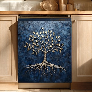 Gold Tree of Life Dishwasher Magnet Cover: Navy Blue Kitchen Decor