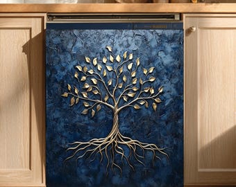 Złota osłona na magnes do zmywarki Drzewo Życia: granatowa dekoracja kuchni