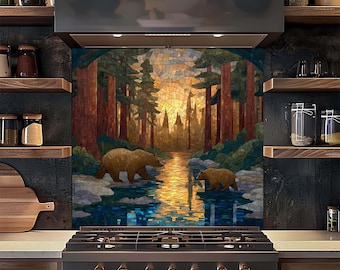 Panel ścienny ze szkła hartowanego, panel ścienny do kuchni Bear Family Forest, rustykalny panel ścienny z mozaiki nad kuchenką