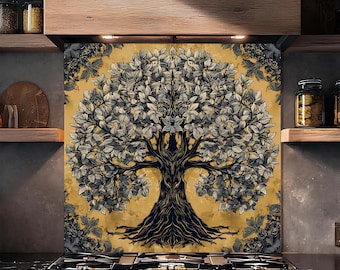 Szkło hartowane na ścianę nad blatem kuchennym, sztuka kuchenna z motywem botanicznego drzewa życia