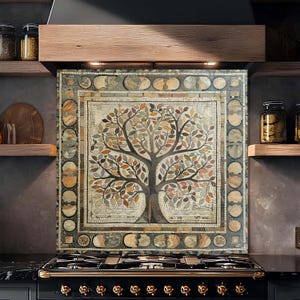 Tempered Glass Backsplash, Autumn Mosaic Tree Backsplash, Kitchen Backsplash Behind Stove, Rustic Stove Backsplash, Glass Splashback