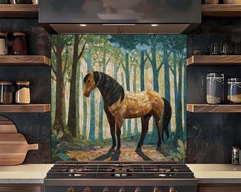 Szkło hartowane na ścianę nad blatem kuchennym, witraż Golden Stallion Forest