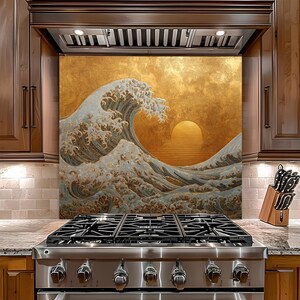 Protector contra salpicaduras de vidrio templado Golden Ocean Wave para cocina, protector contra salpicaduras de estufa de arte japonés