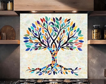 Mozaika ze szkła hartowanego na ścianę kuchenną Drzewo Życia, Żywy panel ścienny nad kuchenką