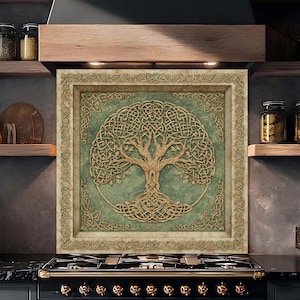 Tempered Glass Backsplash, Celtic Gold Tree of Life Backsplash, Kitchen Backsplash Behind Stove, Easy to Clean Glass Backsplash, Splashback