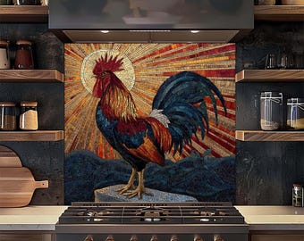 Panel ścienny ze szkła hartowanego Radiant Sunrise Mosaic Rooster, styl rustykalny