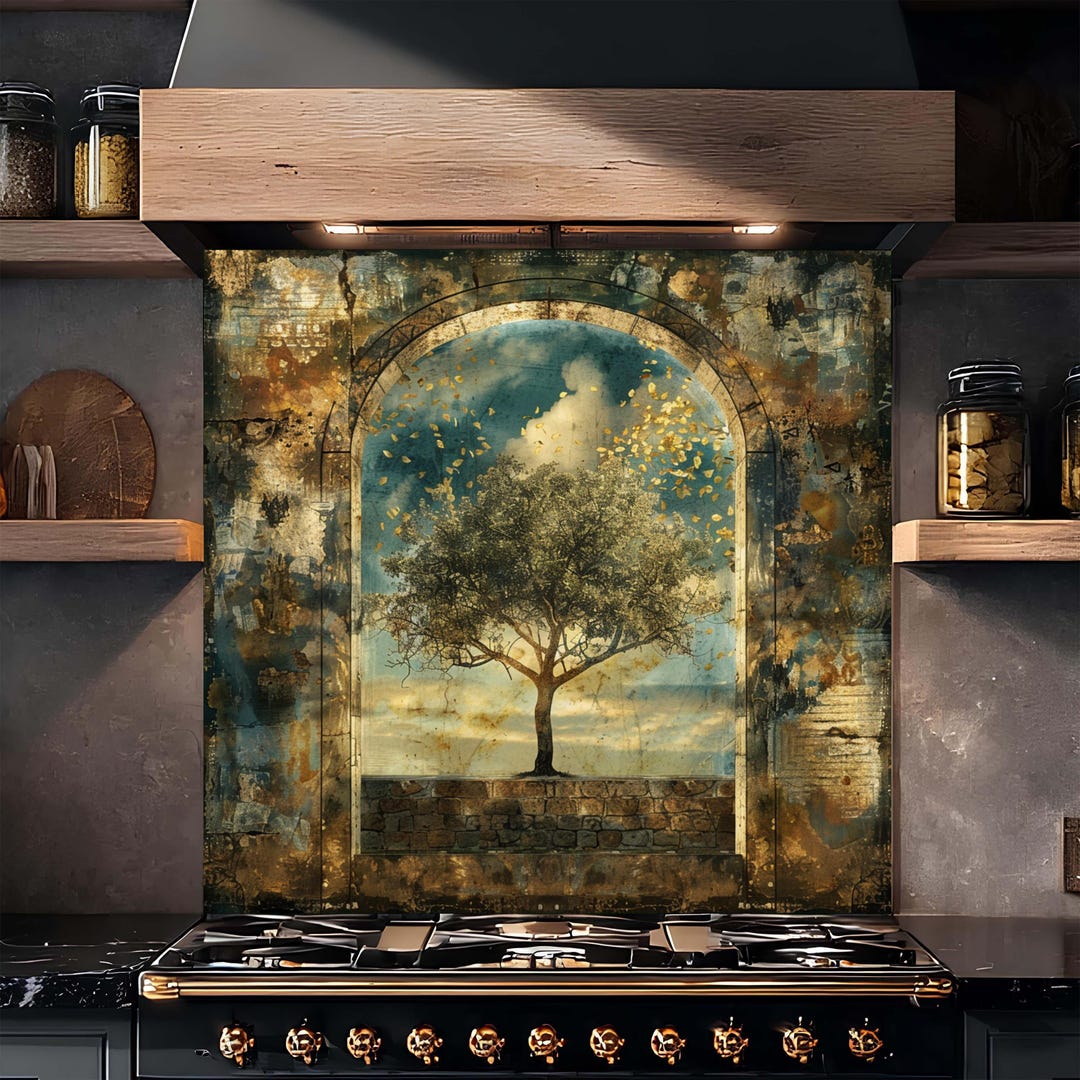 Golden Leaf Window Tree Tempered Glass Backsplash, Rustic Kitchen ...