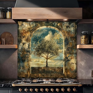 Tempered Glass Backsplash, Golden Leaf Window Tree Backsplash, Kitchen Backsplash Behind Stove, Rustic Glass Backsplash, Kitchen Splashback