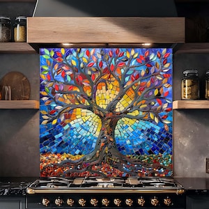 Mosaic Tree of Life Tempered Glass Kitchen Backsplash
