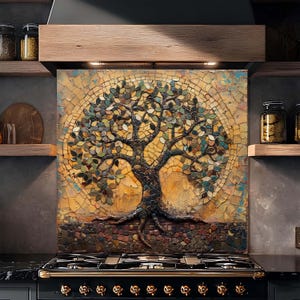Tempered Glass Backsplash, Earth Tones Mosaic Tree of Life Backsplash, Kitchen Backsplash Behind Stove, Rustic Stove Backsplash, Splashback