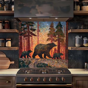 Tempered Glass Backsplash, Bear Family Mosaic Stove Splashback, Rustic Amber Forest Kitchen