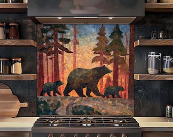 Panel ścienny ze szkła hartowanego, mozaika nad kuchenką Bear Family, rustykalna kuchnia Amber Forest