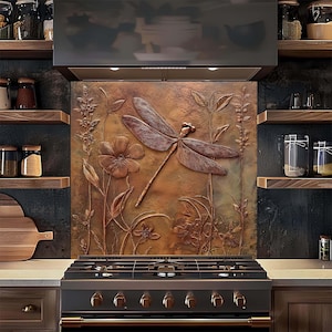 Copper Look Dragonfly Tempered Glass Backsplash, Rustic Wildflower Nature Splashback