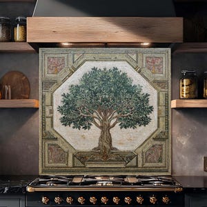 Tempered Glass Backsplash, Antique Mosaic Olive Tree Backsplash, Kitchen Backsplash Behind Stove, Easy to Clean Glass Backsplash, Splashback
