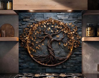 Szkło hartowane na ścianie, dekoracja kuchenna Złote Drzewo Życia, ściana nad kuchenką