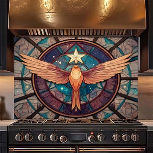 Celestial Phoenix Tempered Glass Backsplash, Cosmic Art Kitchen Splashback, Heat Resistant Flame Bird Design