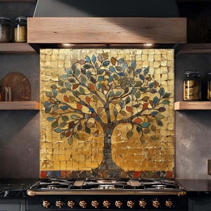 Tempered Glass Backsplash, Gold Leaf Mosaic Tree of Life Backsplash, Kitchen Backsplash Behind Stove, Rustic Stove Backsplash, Splashback