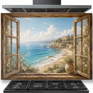 Coastal View Tempered Glass Kitchen Backsplash, Stove Splashback Wall Decor, Ocean Beach Scene Panel for Kitchen and Bathroom