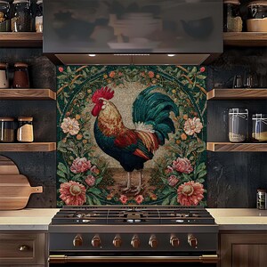 Mosaic Rooster Tempered Glass Backsplash, Vintage Floral Farmhouse Kitchen Splashback