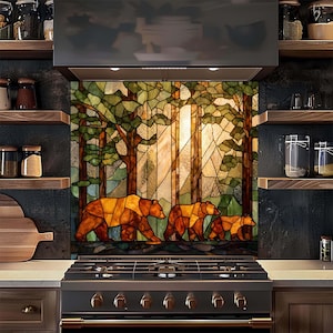 Tempered Glass Backsplash, Bear Family Stained Glass Backsplash, Rustic Amber Forest Kitchen Splashback, Woodland Mosaic Stove Backsplash