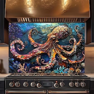 Tempered Glass Backsplash, Mosaic Octopus Backsplash, Kitchen Backsplash Behind Stove, Rustic Kitchen Backsplash, Stove Glass Splashback