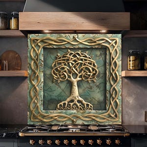 Tempered Glass Backsplash, Celtic Gold Tree of Life Backsplash, Kitchen Backsplash Behind Stove, Easy to Clean Glass Backsplash, Splashback