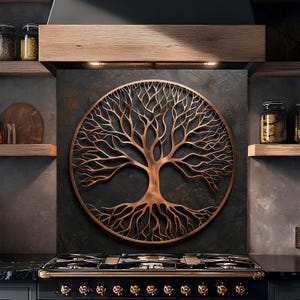 Tempered Glass Backsplash, Brushed Copper Tree of Life, Rustic Kitchen Stove Splashback