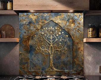 Salpicadero de cocina de vidrio templado con diseño del Árbol de la Vida en filigrana dorada