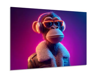 Neonowa małpka ze słuchawkami, dekoracja ścienna ze szkła hartowanego | Fajny, pop-artowy design | Oprawiona lub nieoprawiona, nowoczesna dekoracja ścienna z motywem muzycznym