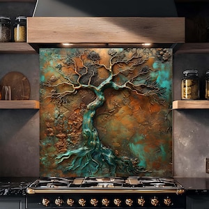 Tempered Glass Backsplash, Weathered Copper Tree of Life, Rustic Kitchen Wall Art
