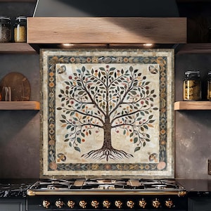 Tempered Glass Backsplash, Mosaic Tree of Life with Roots Backsplash, Kitchen Backsplash Behind Stove, Rustic Stove Backsplash, Splashback