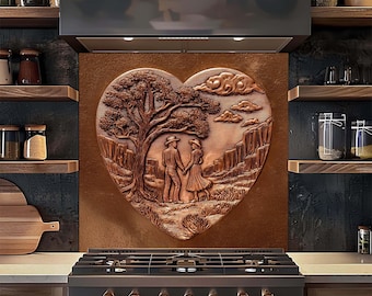 Szkło hartowane na ścianie, serce z parą kowbojów w kolorze miedzi, rustykalny wystrój kuchni w stylu wiejskim