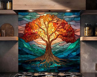 Protector de pared de vidrio templado con diseño del Árbol de la Vida, decoración de cocina con efecto vidriera.