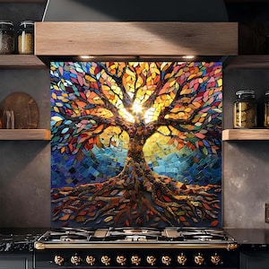 Sunlit Mosaic Tree of Life Tempered Glass Kitchen Backsplash