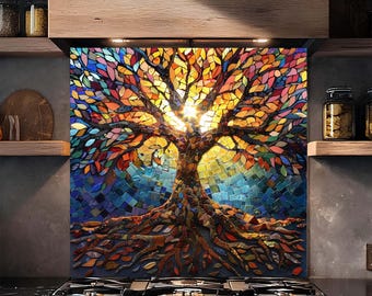 Mosaico del Árbol de la Vida iluminado por el sol, protector contra salpicaduras de vidrio templado para la cocina