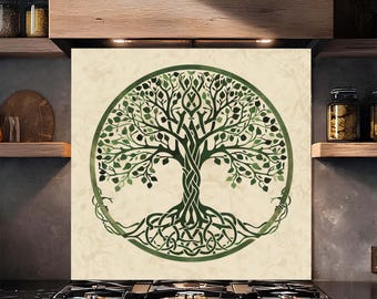 Tempered Glass Backsplash, Green Celtic Tree of Life Backsplash, Kitchen Backsplash Behind Stove, Modern Stove Backsplash, Glass Splashback