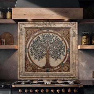 Tempered Glass Backsplash, Mosaic Olive Tree of Life Backsplash, Kitchen Backsplash Behind Stove, Easy to Clean Glass Backsplash, Splashback