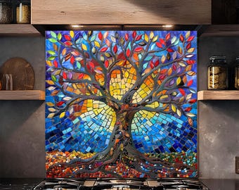 Salpicadero de cocina de vidrio templado con mosaico del Árbol de la Vida
