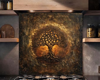 Antyczny celtycki szklany panel kuchenny z hartowanego szkła z motywem drzewa życia