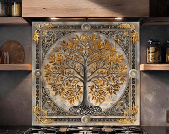 Protector contra salpicaduras de cocina de vidrio templado con diseño dorado ornamentado del Árbol de la Vida