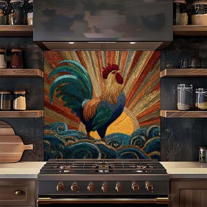 Salpicadero de vidrio templado Ocean Sunrise Rooster, salpicadero de cocina estilo granja con mosaico
