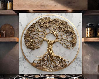 Golden Marble Tree of Life Tempered Glass Backsplash, Luxury Kitchen Stove Splashback