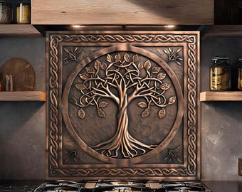 Panel ścienny ze szkła hartowanego, Celtyckie drzewo życia, Panel ścienny za kuchenką, Rustykalny panel ścienny w kuchni, Panel ścienny ze szkła o wyglądzie miedzi