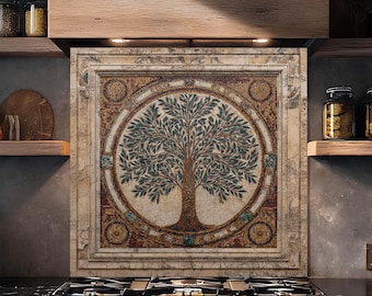 Mozaika szklana hartowana w kształcie drzewa oliwnego na ścianie kuchennej, łatwa w czyszczeniu