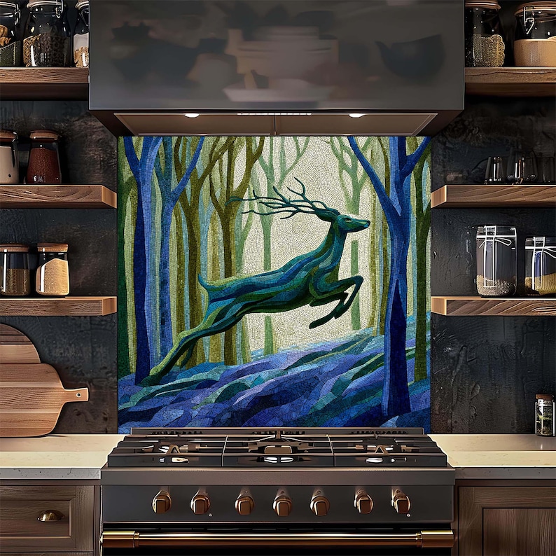 Nature Splashbacks Tempered Glass Backsplash, Blue Forest Stag Mosaic, Modern Nature ...